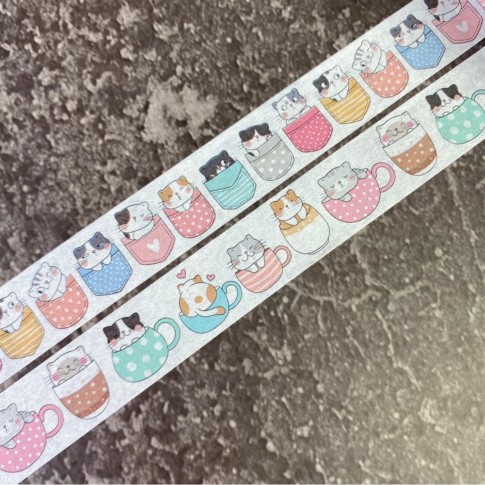 Kitty Cats In Pockets and Coffee Mugs, Washi Tape, Set Of 2 Rolls - Picture 7 of 9